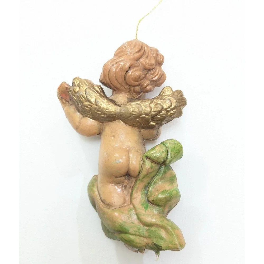 Vintage Baroque Angel Cherub w/Mandolin Blowmold Figure Christmas Ornament